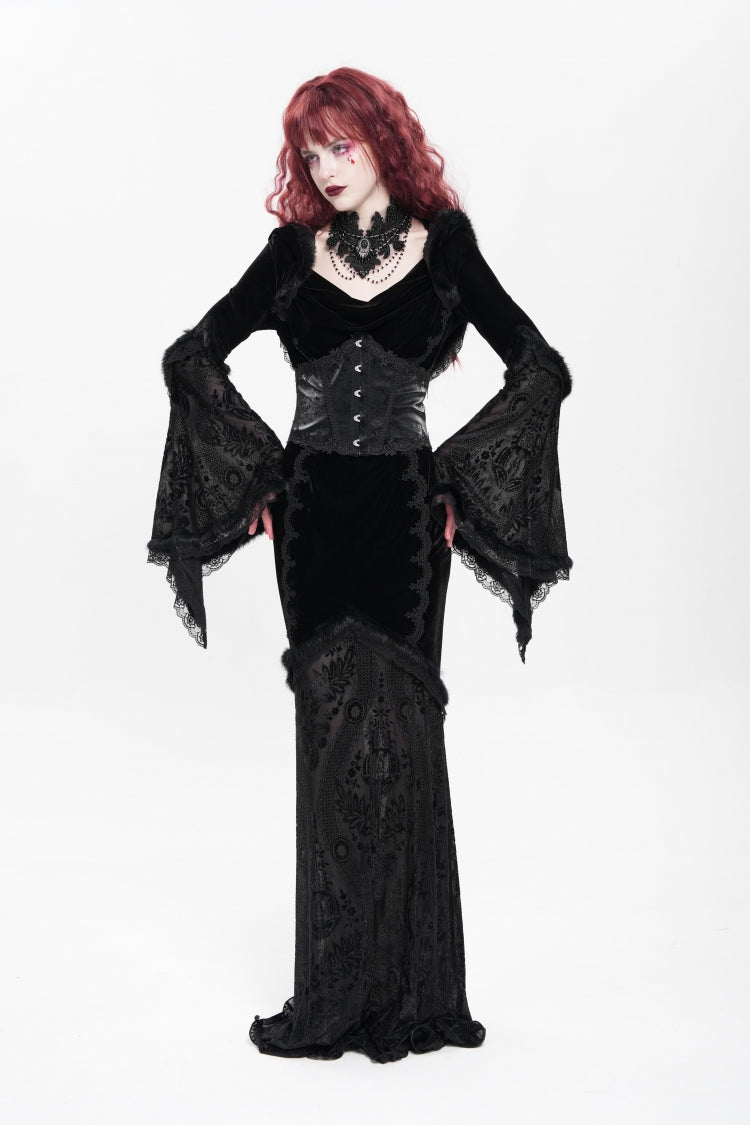Ebony Flared-Sleeve Embroidered Lace Hooded Sheer Gothic Dress