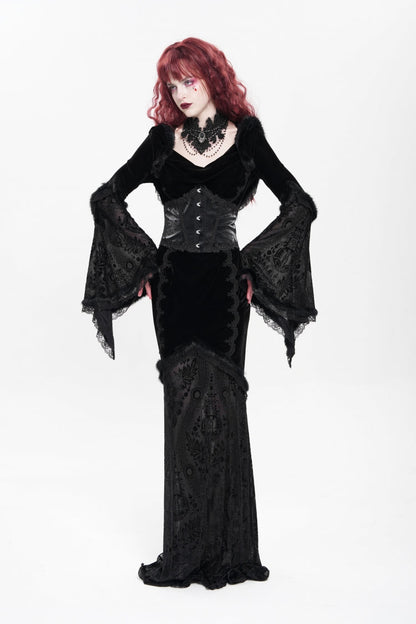 Ebony Flared-Sleeve Embroidered Lace Hooded Sheer Gothic Dress