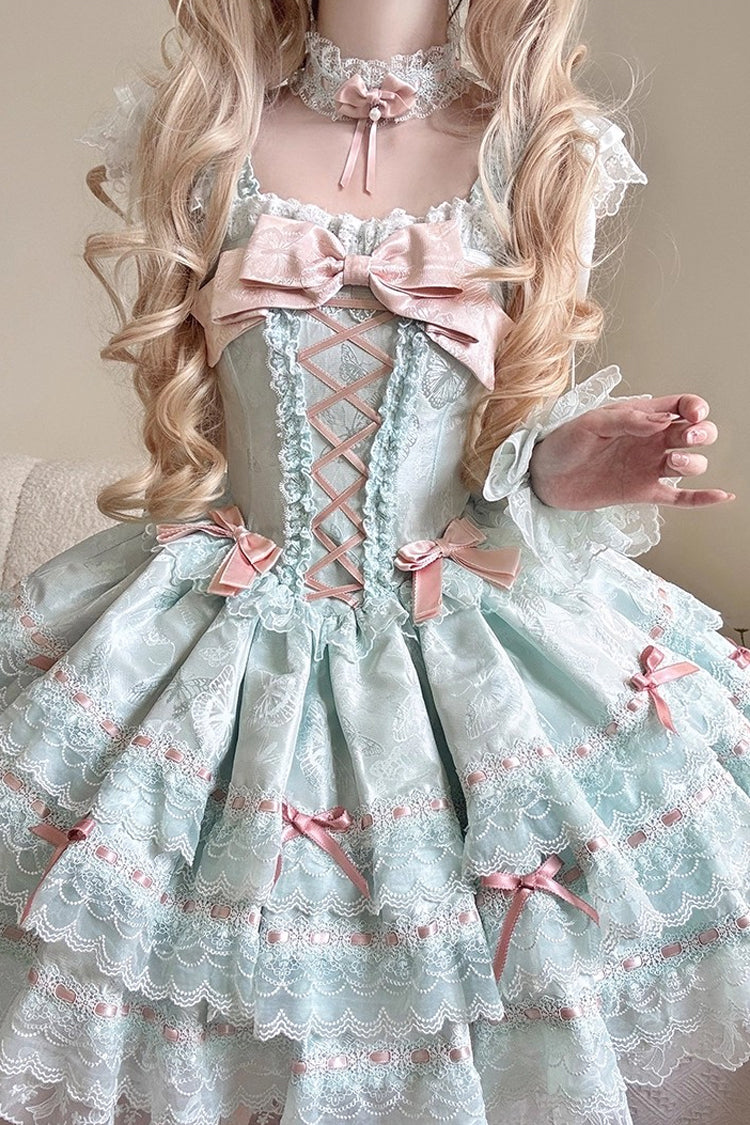 Emerald Sleeveless Ruffle Bow Lace Lace-Up Sweet Elegant Lolita Jumper Dress