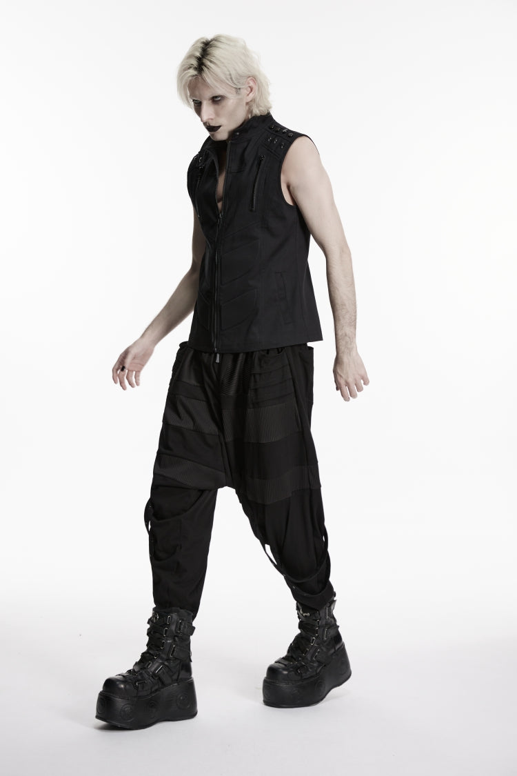 Men's Black Punk Vest, Sleeveless with Studs and Zip Front