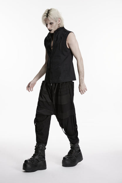 Men's Black Punk Vest, Sleeveless with Studs and Zip Front