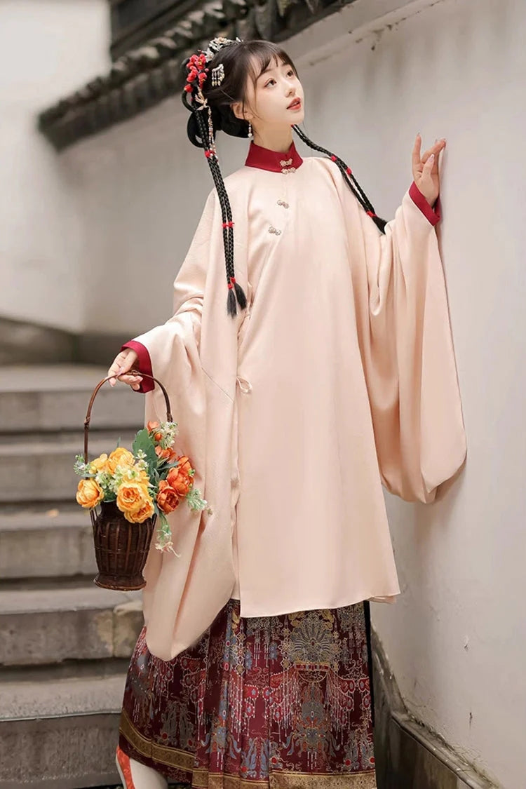 Crimson & Charcoal Round Neck High-Waist Embossed Hanfu Ensemble Three-Piece