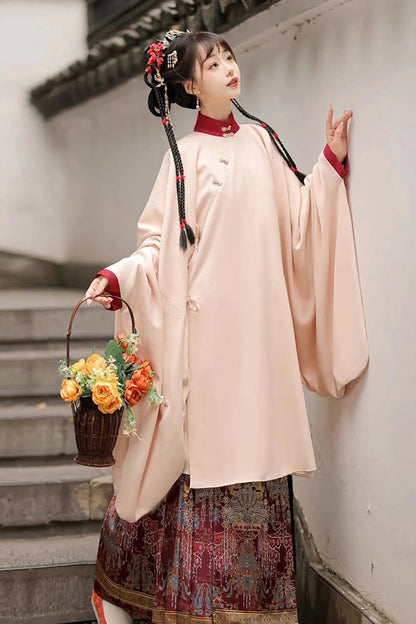 Crimson & Charcoal Round Neck High-Waist Embossed Hanfu Ensemble Three-Piece
