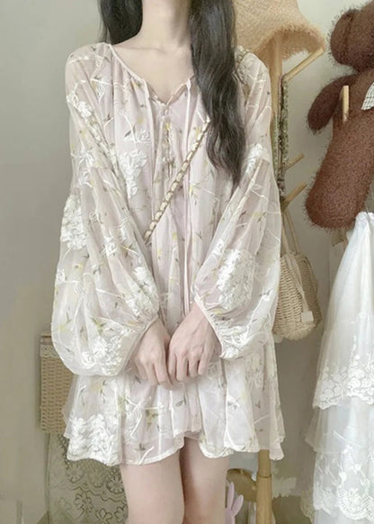 Chic Apricot V Neck Embroidered Silk Mid Dress Lantern Sleeve NN039