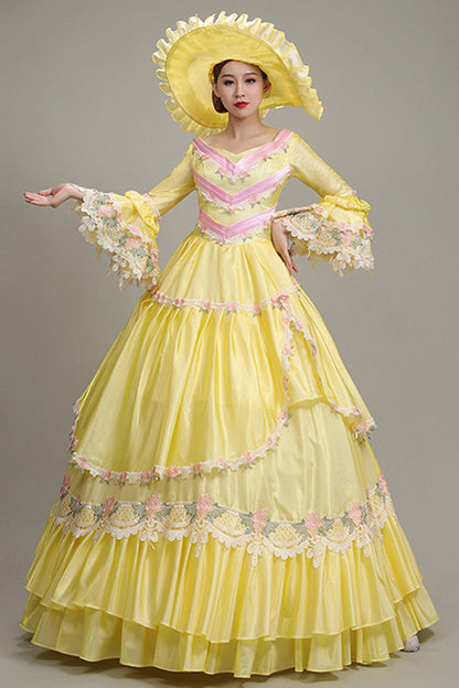 Princess Sleeve High Waist Lace Hollow Floral Ruffled Victorian Tiered Dress