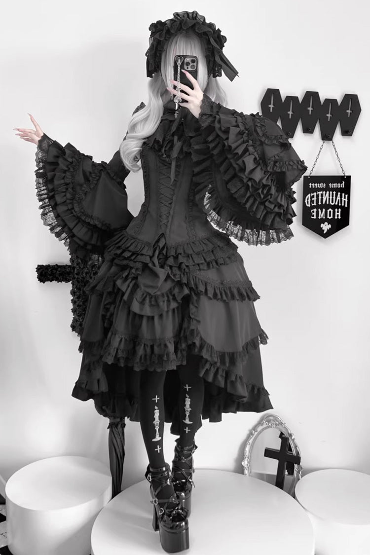 Ebony Flared Sleeve Tiered Lace-Up Bow Gothic JSK Ensemble - Immortal Phoenix