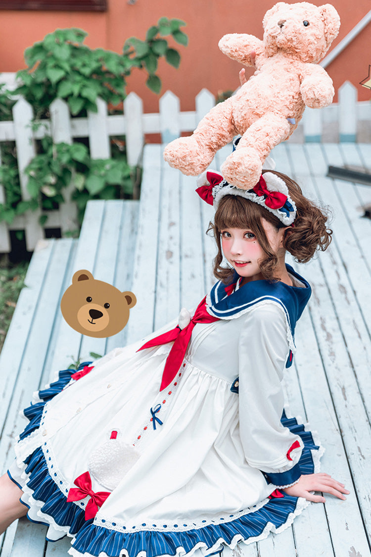 Ivory Navy Collar Chiffon Sea Bear Print Bow Ruffled Sweet Lolita OP