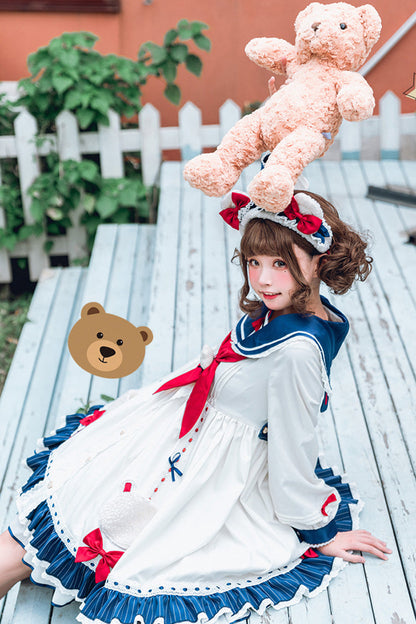Ivory Navy Collar Chiffon Sea Bear Print Bow Ruffled Sweet Lolita OP