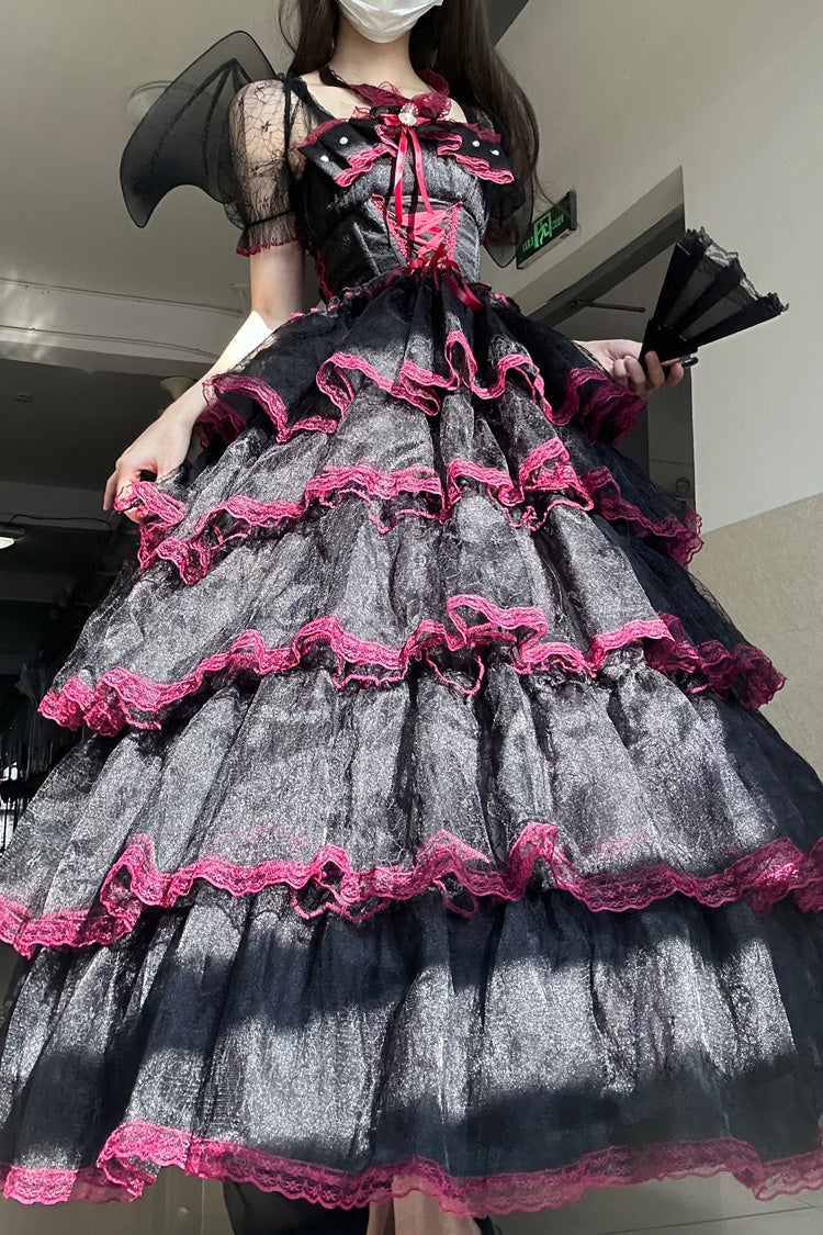 Crimson & Obsidian Short Sleeves Multi-Layered Ruffle Hanayome Bowknot Lace Plus Size Sweet Lolita Dress