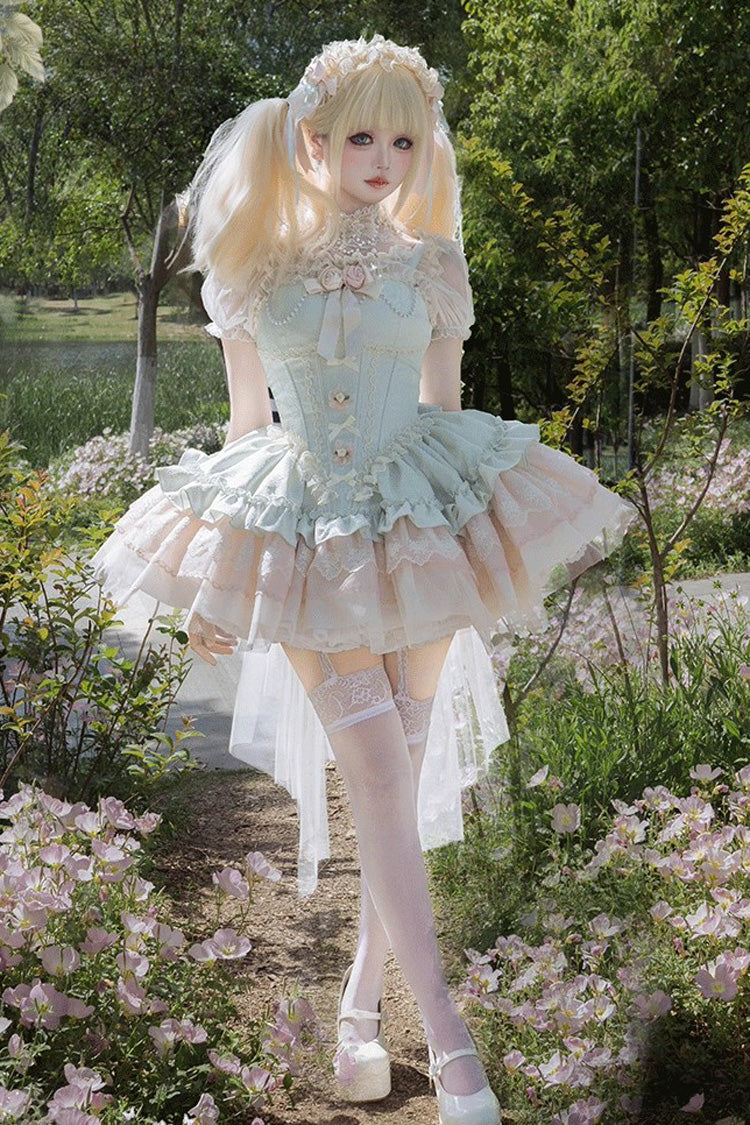 Emerald Sleeveless Multi-Layer Ruffle Bow Lace Slim Sweet Ballet Lolita Jumper Dress