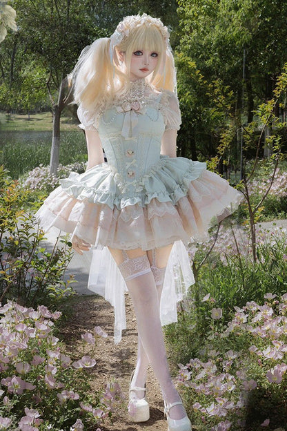 Emerald Sleeveless Multi-Layer Ruffle Bow Lace Slim Sweet Ballet Lolita Jumper Dress