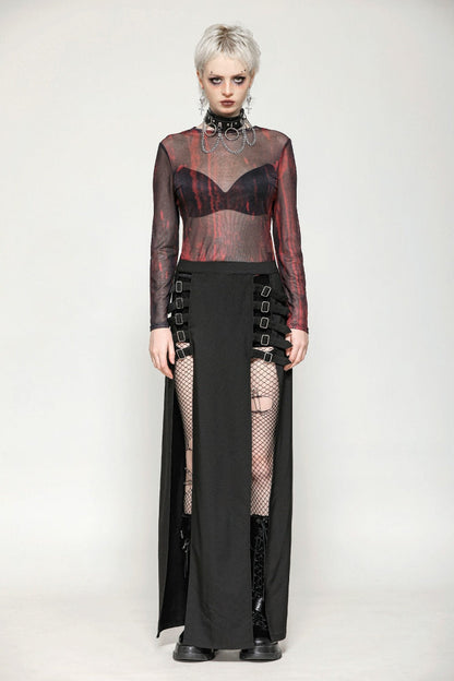 Crimson & Obsidian Round Collar Long Sleeves Sheer Mesh Tie-Dyed Versatile Basic Top