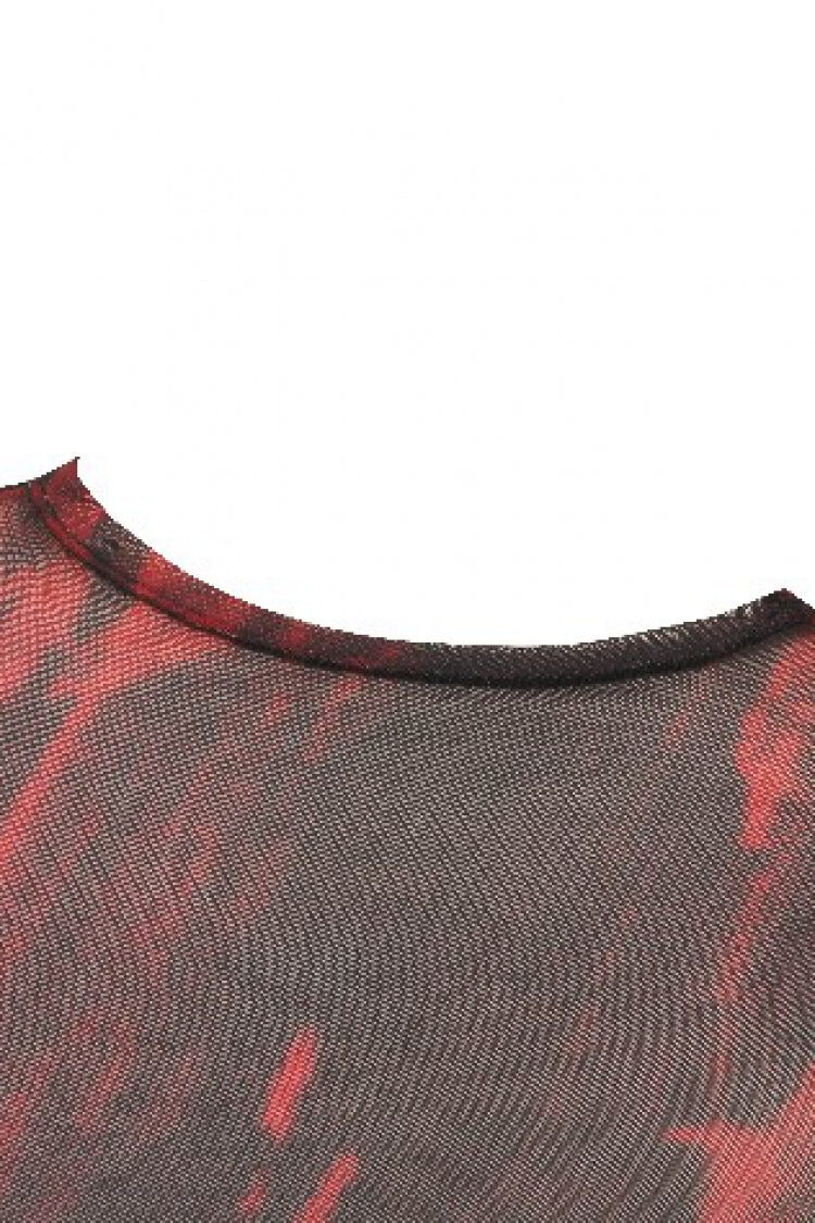 Crimson & Obsidian Round Collar Long Sleeves Sheer Mesh Tie-Dyed Versatile Basic Top