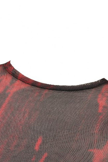 Crimson & Obsidian Round Collar Long Sleeves Sheer Mesh Tie-Dyed Versatile Basic Top
