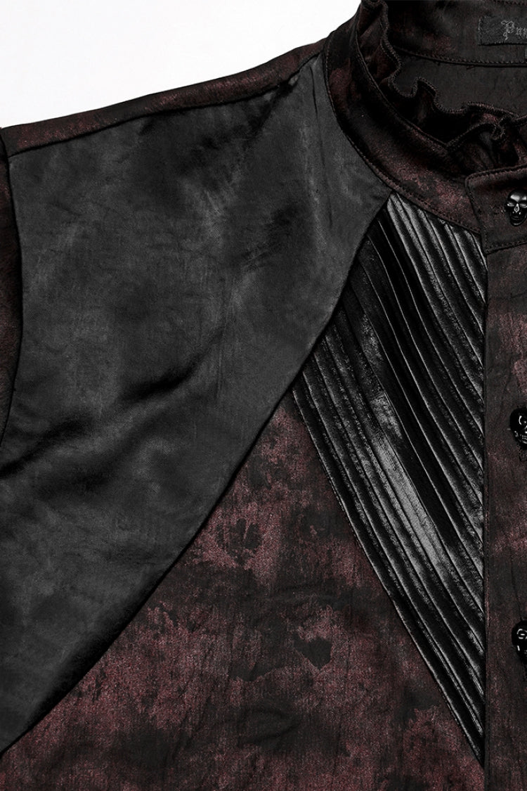 Crimson & Obsidian Stand Collar Long Sleeves Ruffle Pleated Gothic Blouse