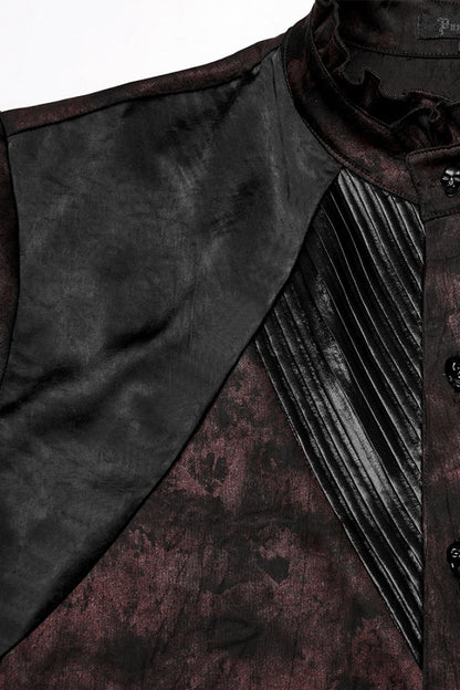 Crimson & Obsidian Stand Collar Long Sleeves Ruffle Pleated Gothic Blouse