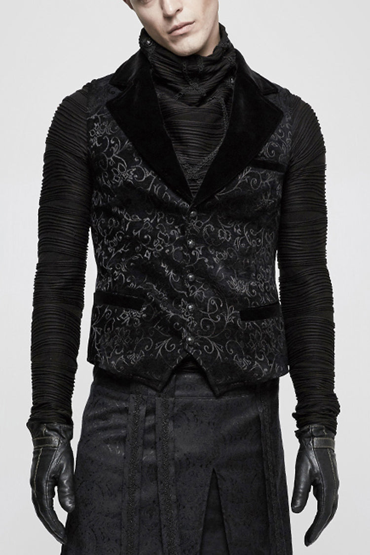 Vintage Gothic Men's Vest with V-Collar Print in Black Jacquard Velvet