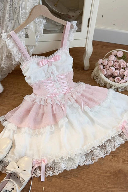 Blush Sleeveless Bow-Trimmed Lace JSK with Ruffle Accents - Leiffu