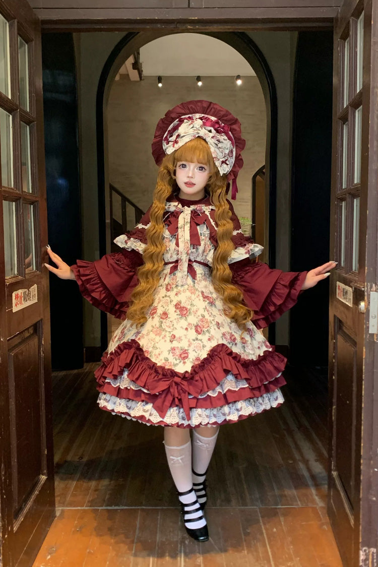 Off Shoulder Ruffled Bow Lace Gothic Lolita JSK Dress with Rose Print