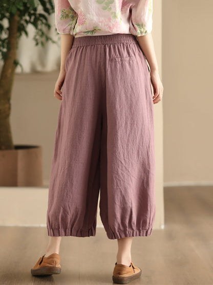 Women Summer Vintage Solid Linen Wide-leg Pants FD038