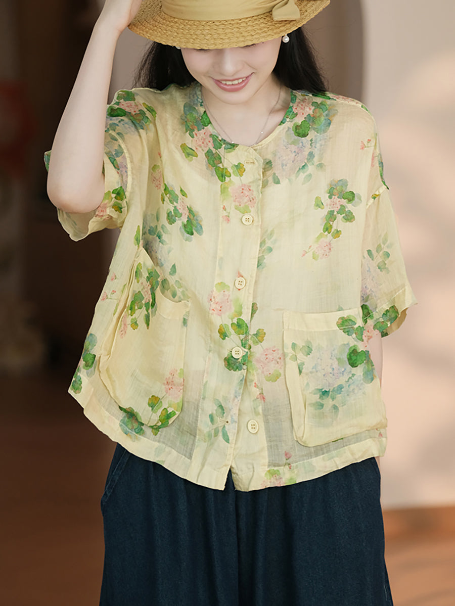 Women Summer Artsy Flower Button-up Pocket Ramie Shirt CC047