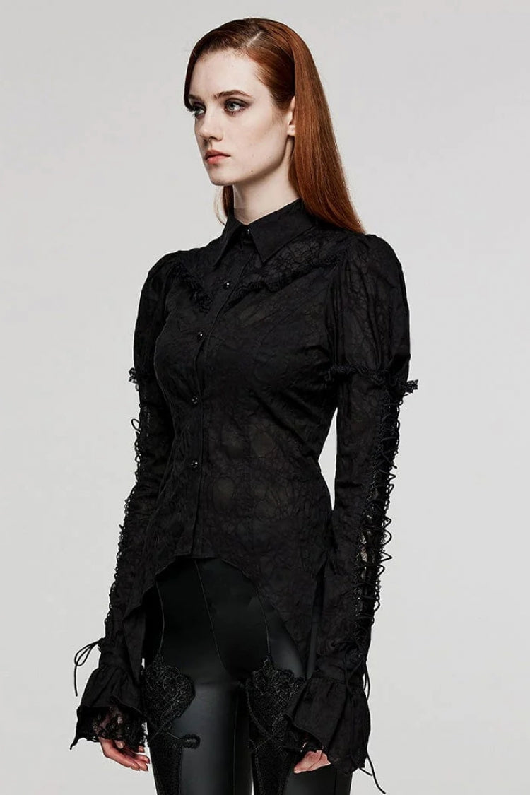 Gothic Lace Blouse with Lapel Collar and Stitched Print, Long Sleeves, Two Variants - DarkRomance