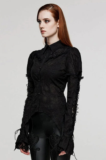 Gothic Lace Blouse with Lapel Collar and Stitched Print, Long Sleeves, Two Variants - DarkRomance