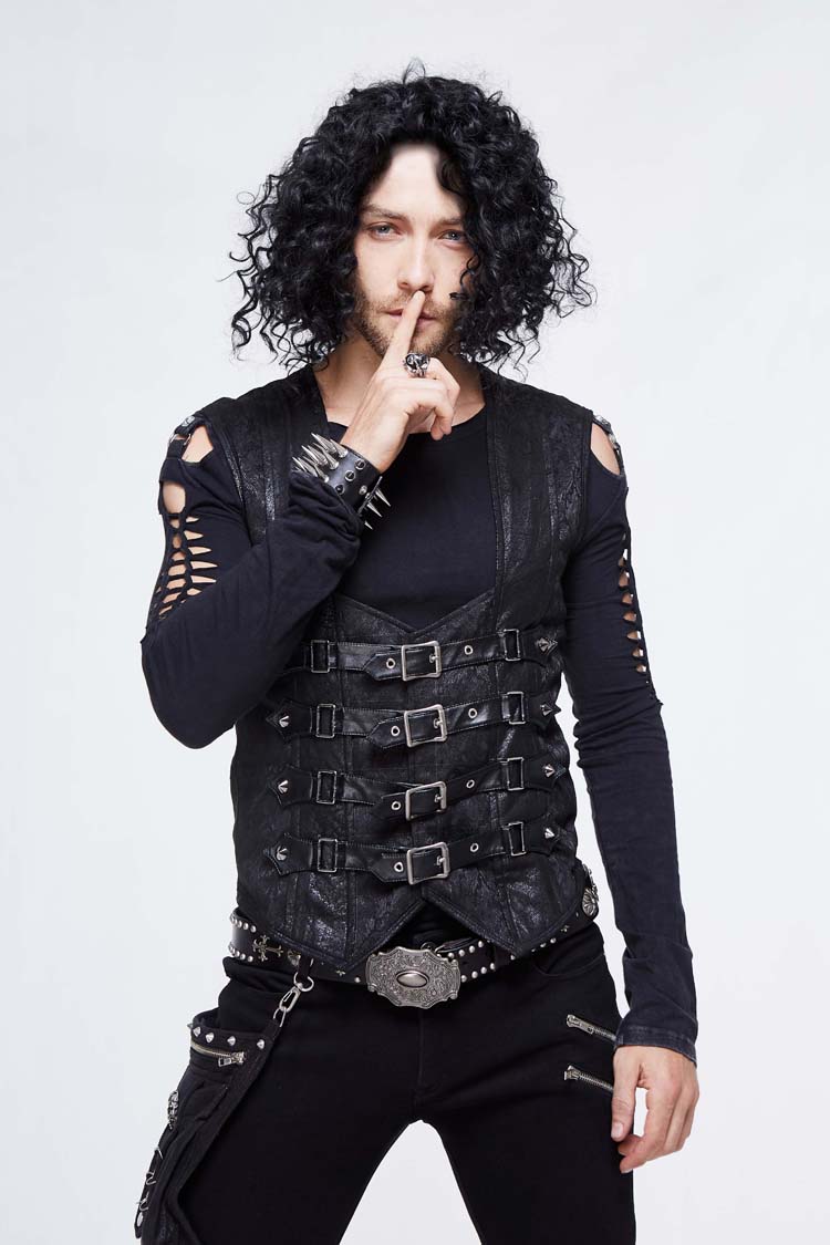 Men's Punk Waistcoat with Lace Up Chest Loop and Heat Seal Backing Splice in Black Jacquard