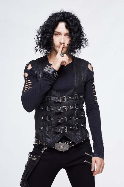 Men's Punk Waistcoat with Lace Up Chest Loop and Heat Seal Backing Splice in Black Jacquard