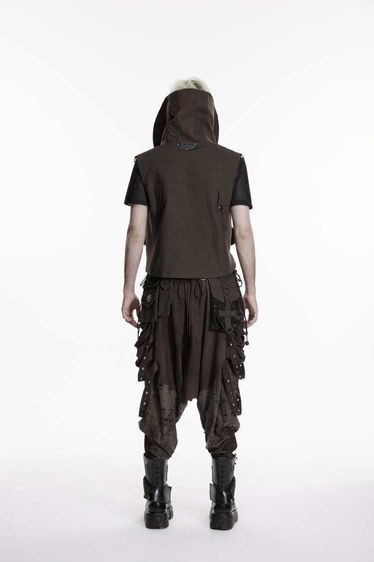 Men's Black Punk Vest, Convertible Collar with Patch Pockets