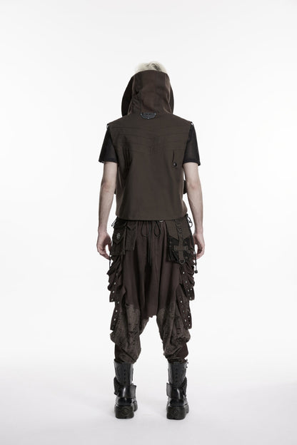 Men's Black Punk Vest, Convertible Collar with Patch Pockets
