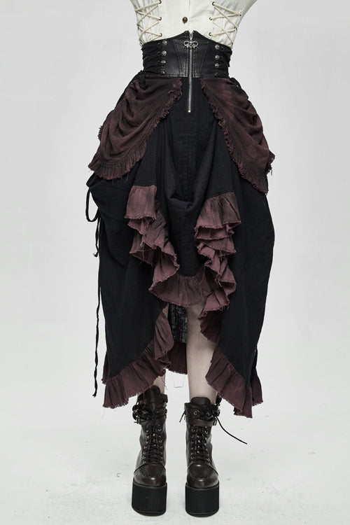 Drawstring Steampunk Half Skirt for Women - Burgundy Printed