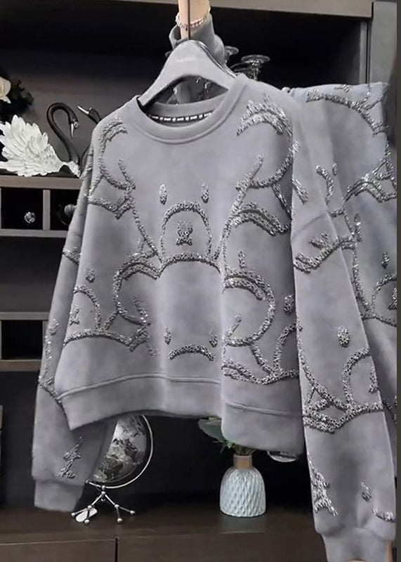 Sweat-shirt à paillettes gris à col rond tendance pour l'automne WD035