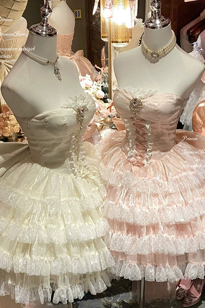 Blush Off-Shoulder Sleeveless Layered Ruffle Bow Lace-Up Princess Gown - Heartbeat at First Sight