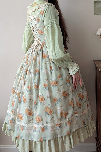 Emerald Gardening Sunflower Sleeveless Ruffle Bow Uplift Elegant JSK