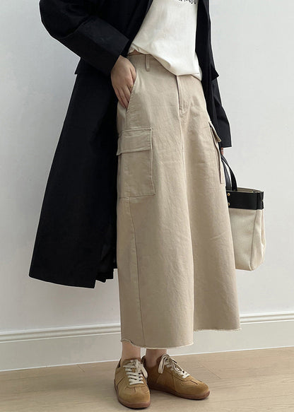 Fine Khaki Pockets High Waist Side Open Cotton Skirt Fall QC024