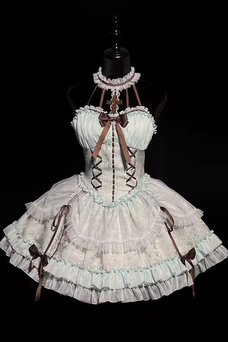 Mint Halterneck Cross Bow Lace-Up Ruffled Lolita Gown
