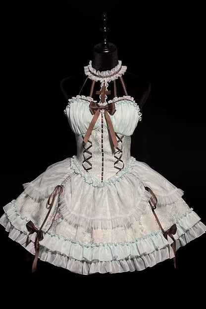Mint Halterneck Cross Bow Lace-Up Ruffled Lolita Gown
