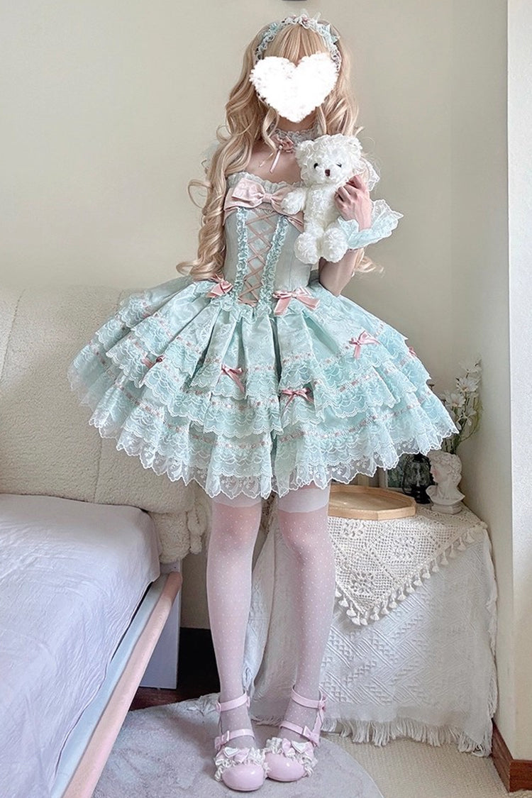 Emerald Sleeveless Ruffle Bow Lace Lace-Up Sweet Elegant Lolita Jumper Dress