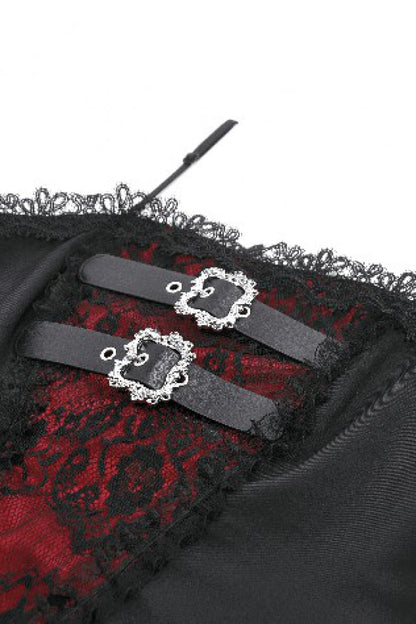 Crimson & Obsidian Sleeveless Multi-Layered Lace Lace-Up Grunge Cake Slip Dress