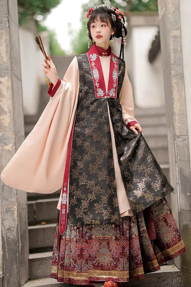 Crimson & Charcoal Round Neck High-Waist Embossed Hanfu Ensemble Three-Piece