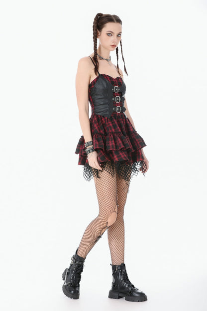 Crimson & Charcoal Tartan Leather Multi-Tier Ruffled Punk Sweetcore Slip Dress
