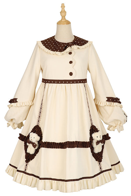 Sweet Lolita OP Gown with Round Collar, Lantern Sleeves & Cute Bear Motif