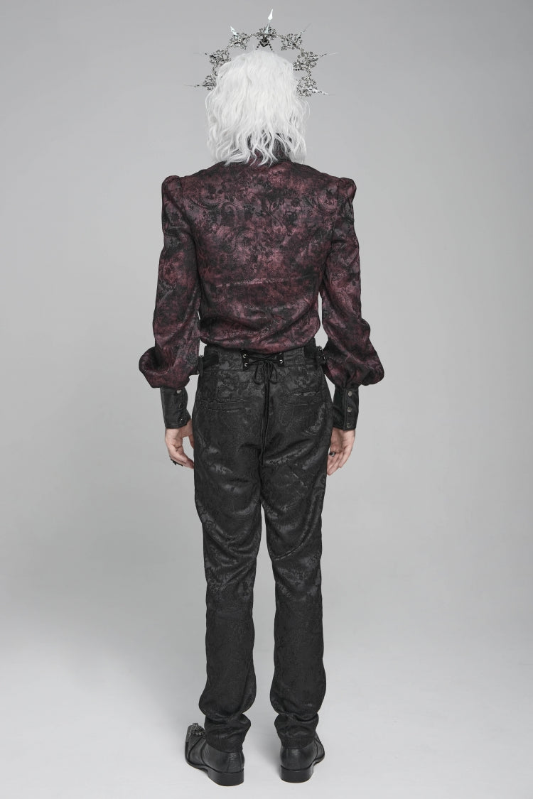 Crimson & Obsidian Stand Collar Long Lantern Sleeves Floral Print Embroidery Gothic Blouse