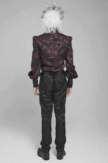 Crimson & Obsidian Stand Collar Long Lantern Sleeves Floral Print Embroidery Gothic Blouse