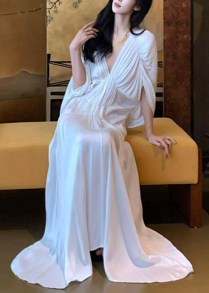 Dresses Neck White Wrinkled Sleeve Batwing Solid Women V