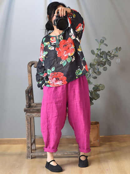 Women Ethnic Spring Flower Print V-Neck Shirt LL060