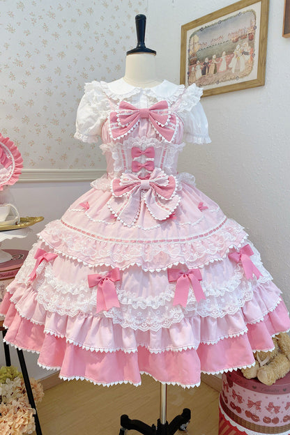 Blush Sleeveless Multi-Layered Ruffle Bow Lace Sweet JSK - Fondant Cake