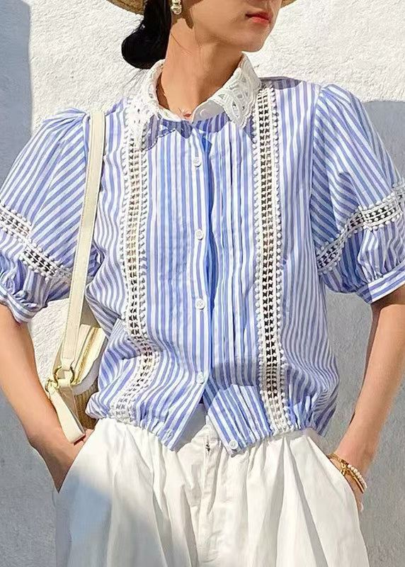 Out Blue Striped Cotton Summer Hollow Fashion Blouses