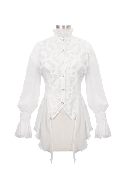 Ivory Chiffon High Collar Flared Cuff Back Lace-Up Gothic Blouse